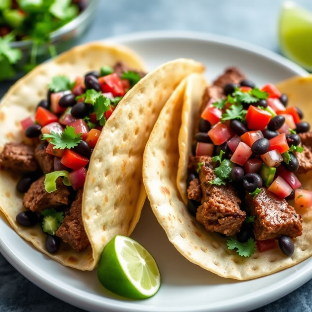 Steaketacos med svart bønne-pico de gallo
