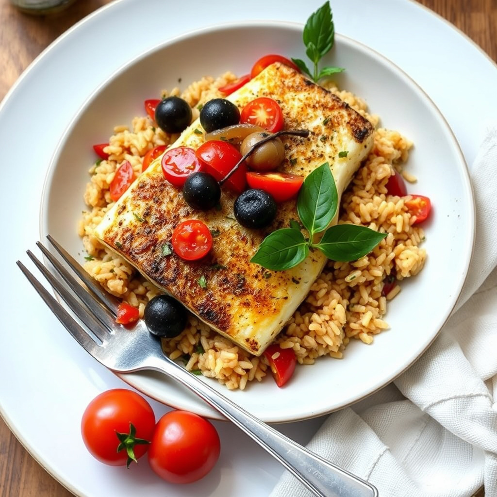 Steinbakt sjøabbor med oliven, tomater og oregano, brun ris