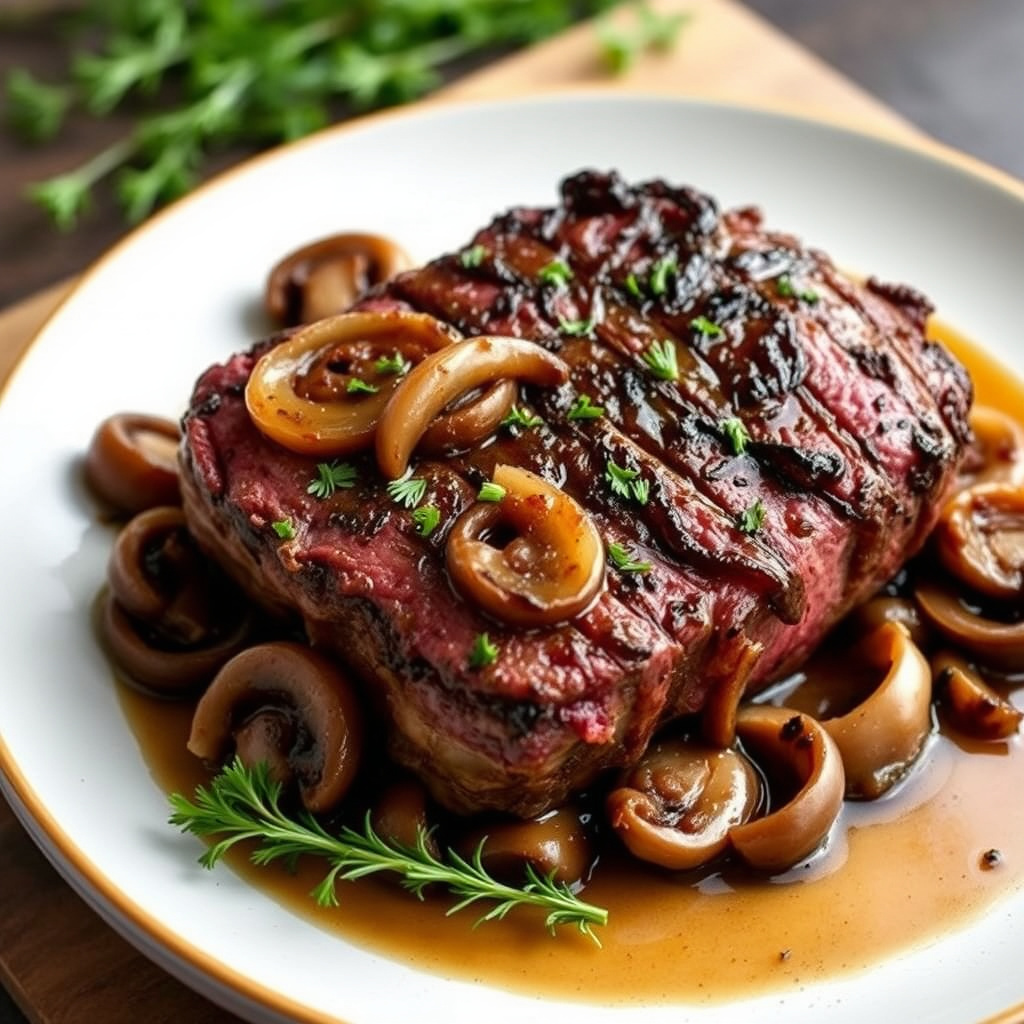Stek av oksefilet med karamelliserte løk og sopp