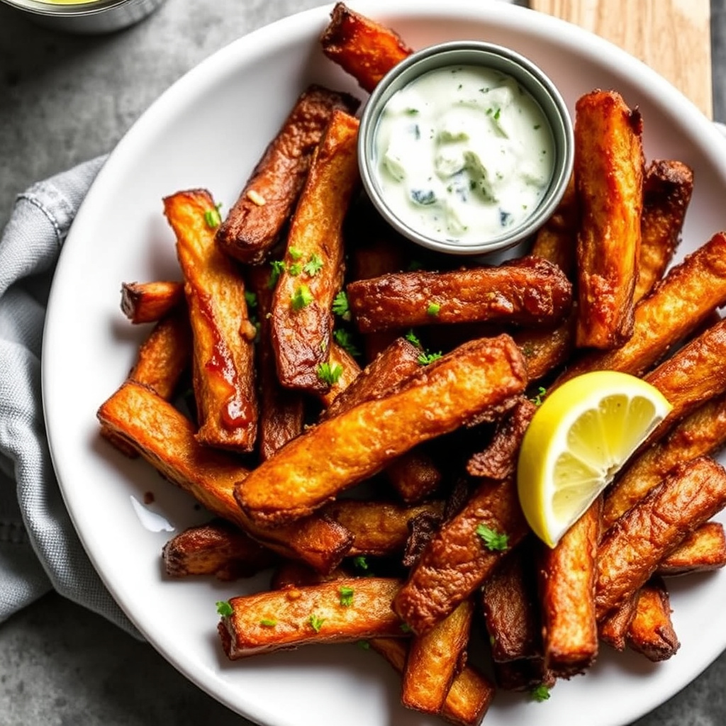 Stekede ovnsbakte pommes frites med blåmuggostdip