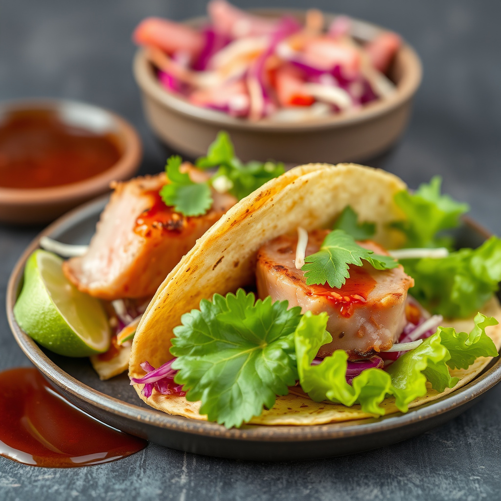 Stekt Ahi-tunfisk-taco med asiatisk kålsalat og plommesaus