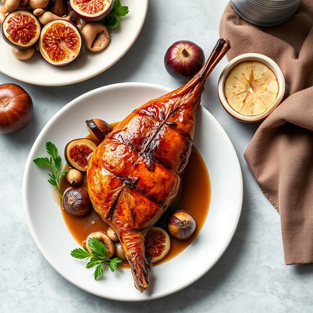 Stekt høne med panerte shiitakesopp og fiken i en Chambourcin-glace