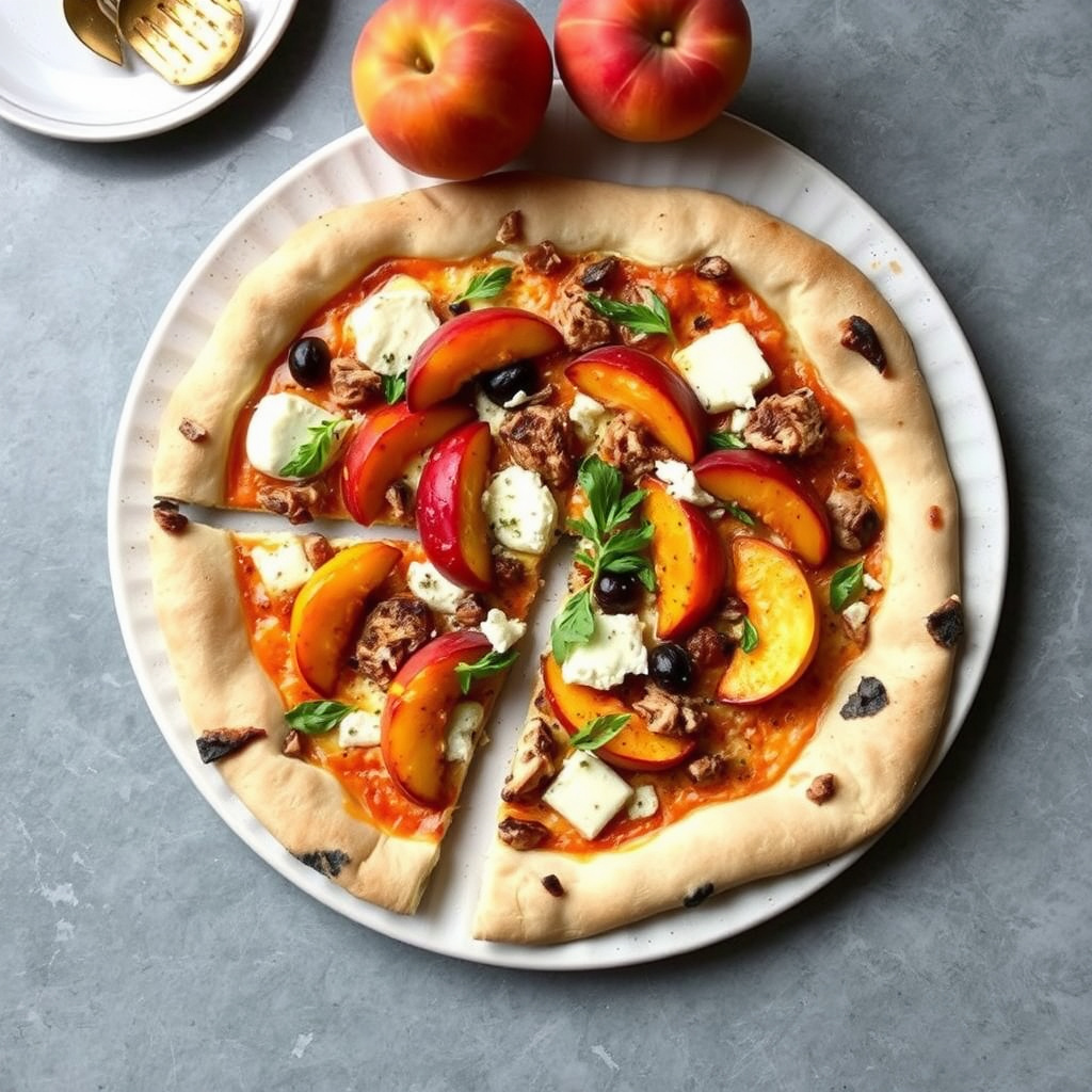 Pizza med kylling, fersken og brie