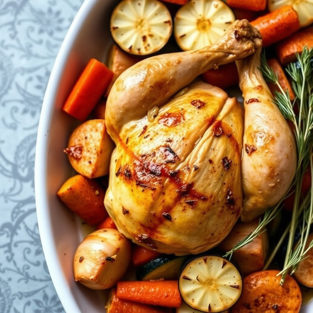 Stekt kylling med gulrøtter, neper og squash