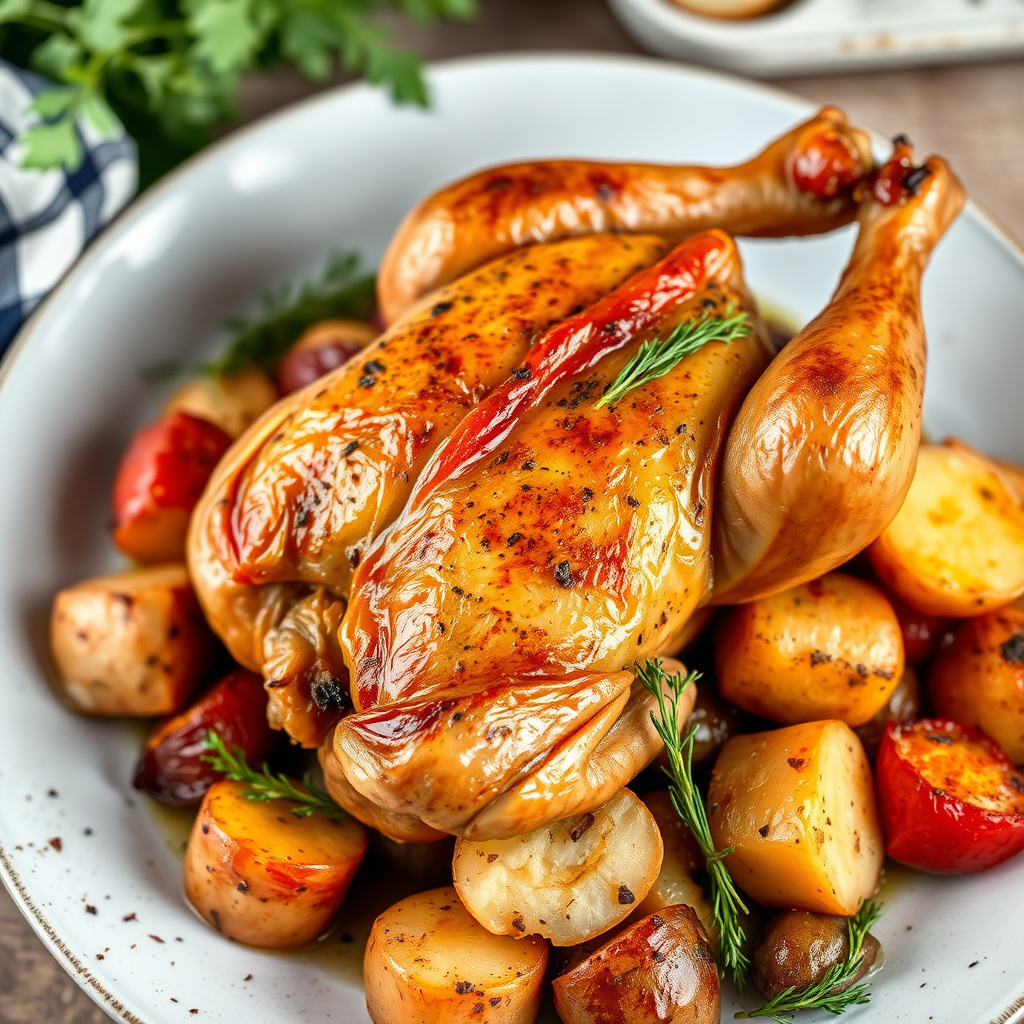 Stekt kylling med poteter og grønnsaker