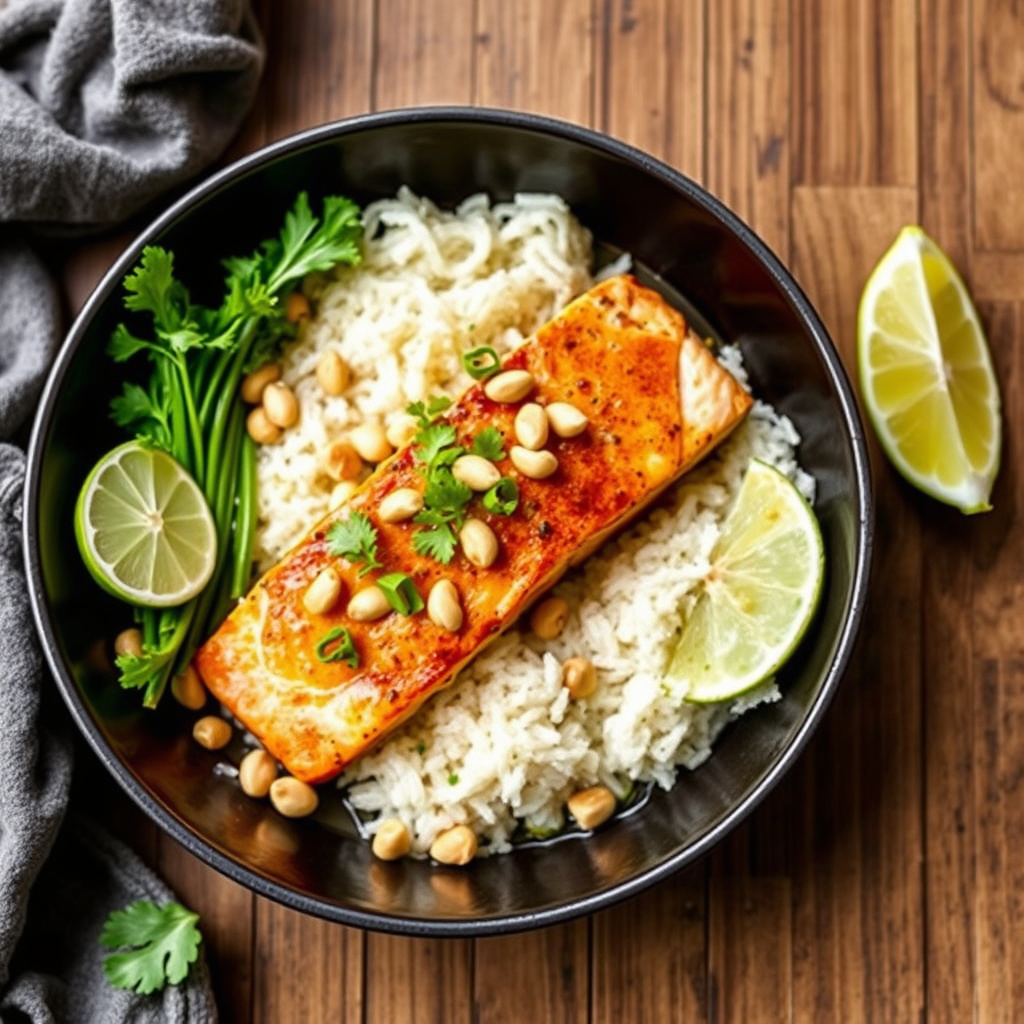 Stekt laks med ingefær-lime saus og peanøtter