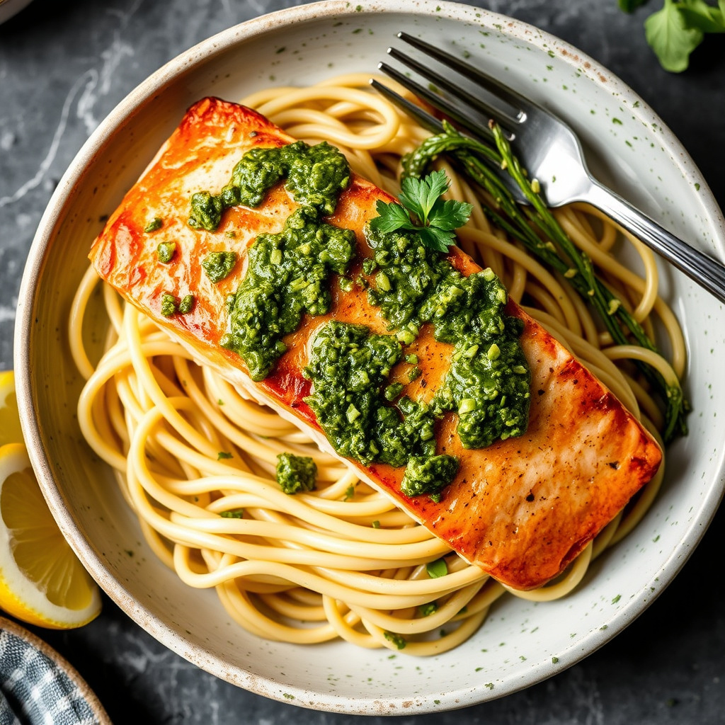 Stekt laks med linguine og ramsløkspesto