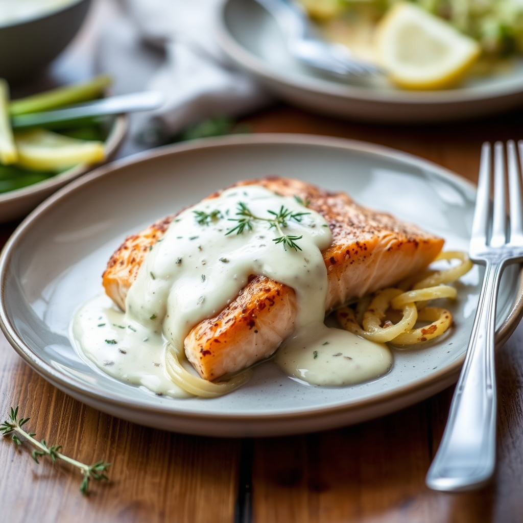 Stekt laks med pancettastekt kål og timian beurre blanc-saus