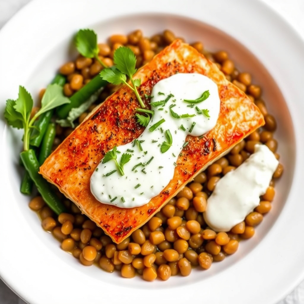 Stekt laksefilet med tzatziki og varme linser