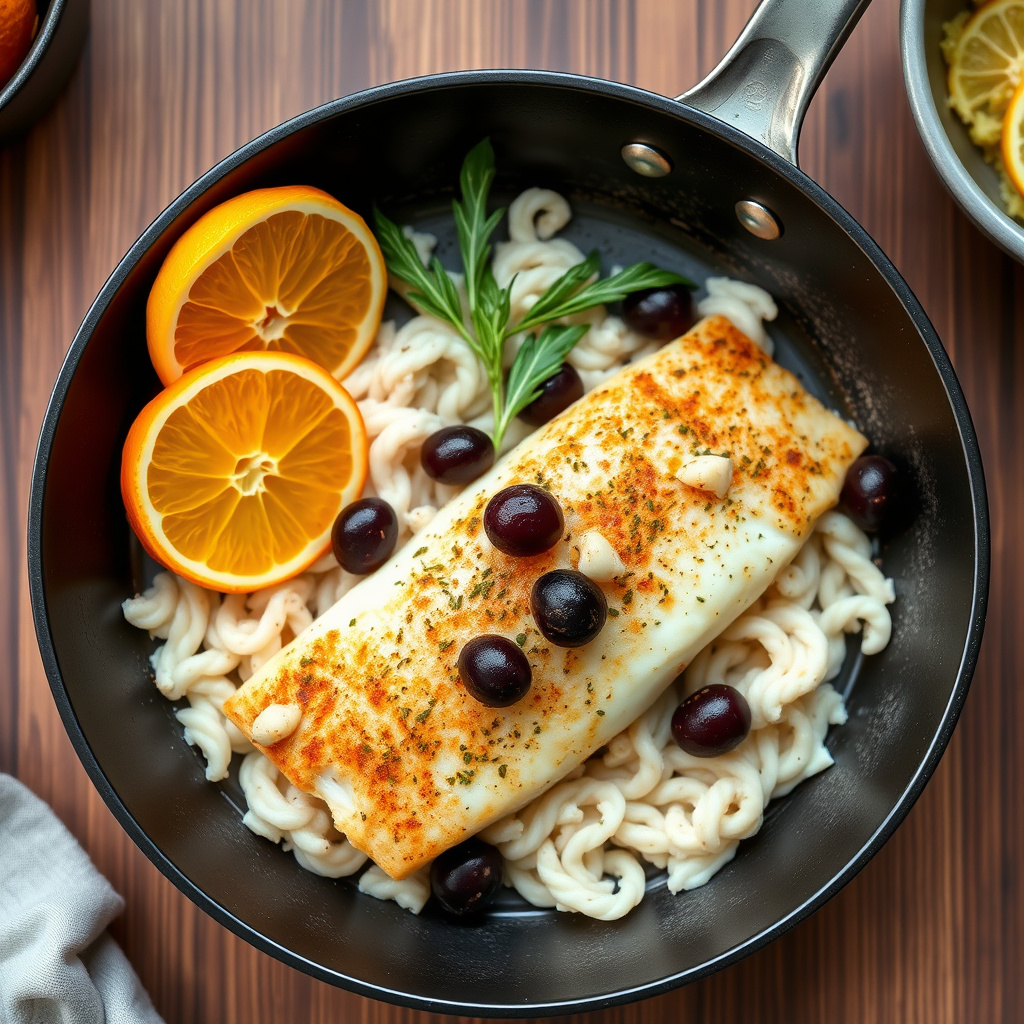 Stekt mahi-mahi med appelsiner og oliven