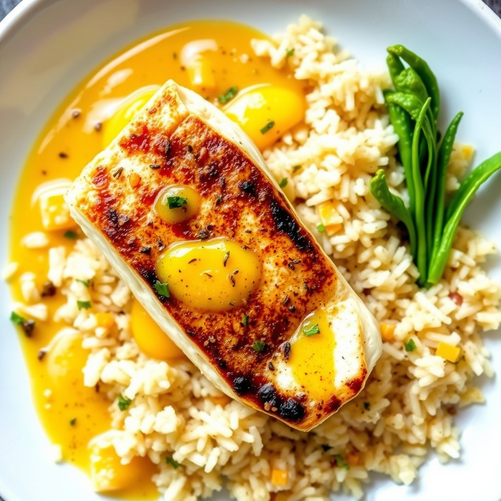 Stekt mahi-mahi med mangosaus og aromatisk ris