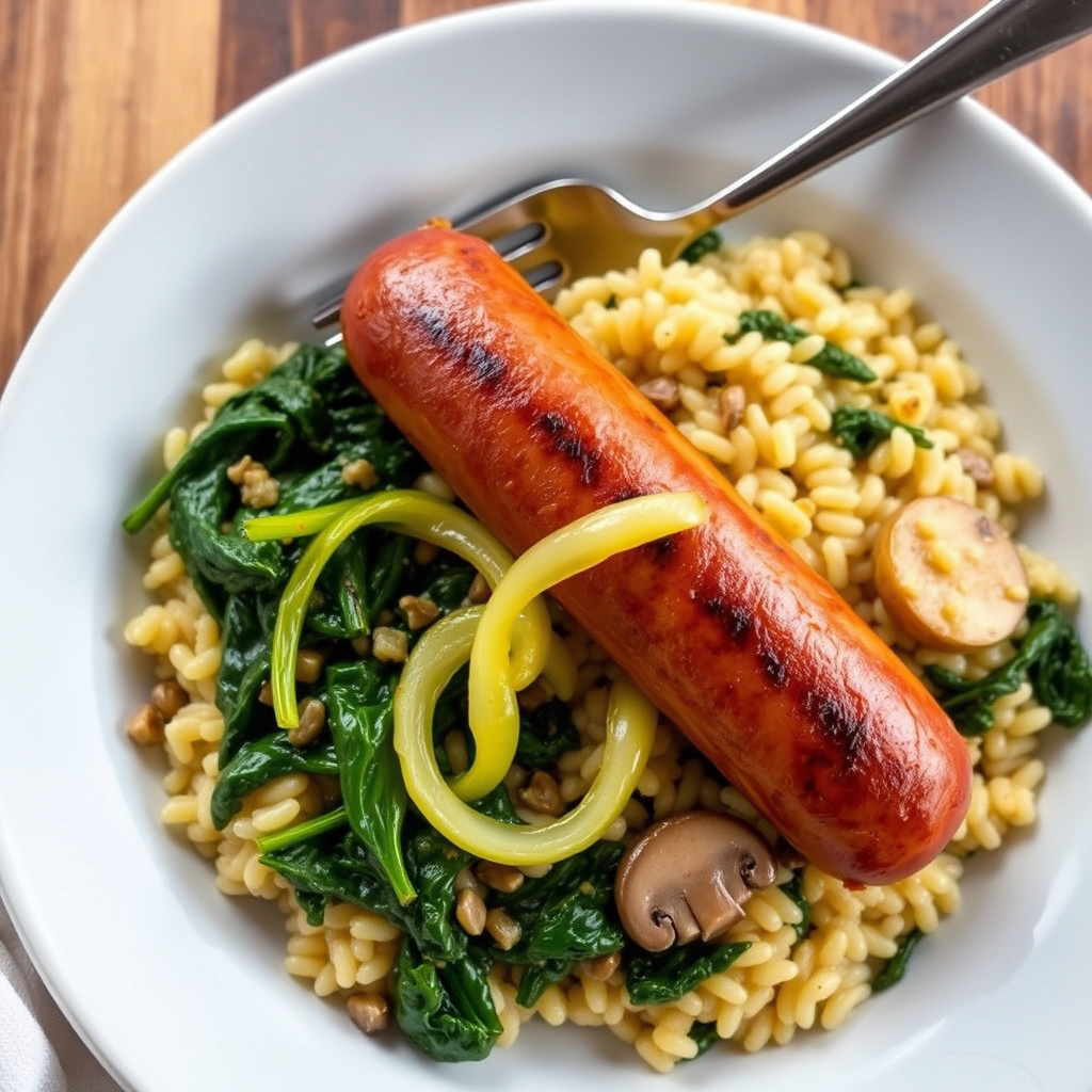 Stekt polsk pølse med søt gul løk, stekt spinat og sopprisotto