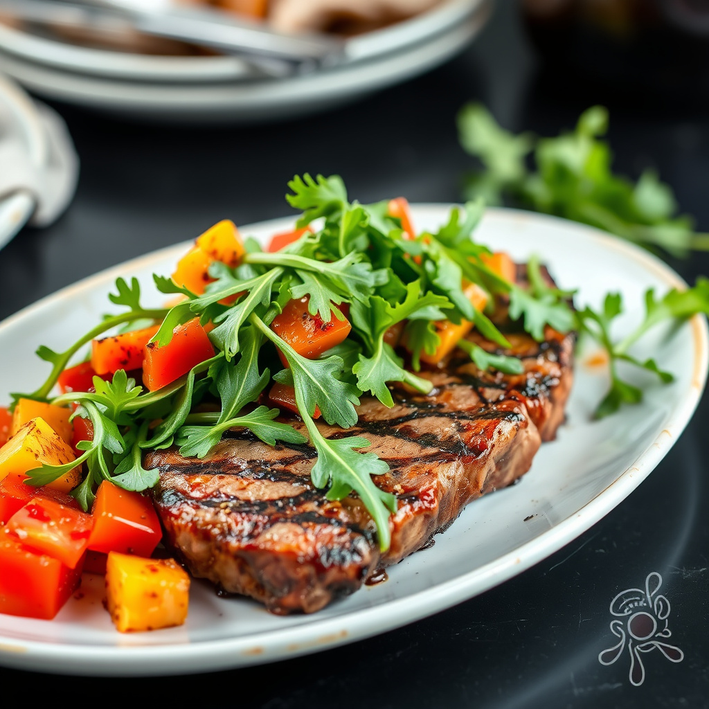 Stekt ribeye-biff med ruccolasalat og ovnsbakte paprikaer