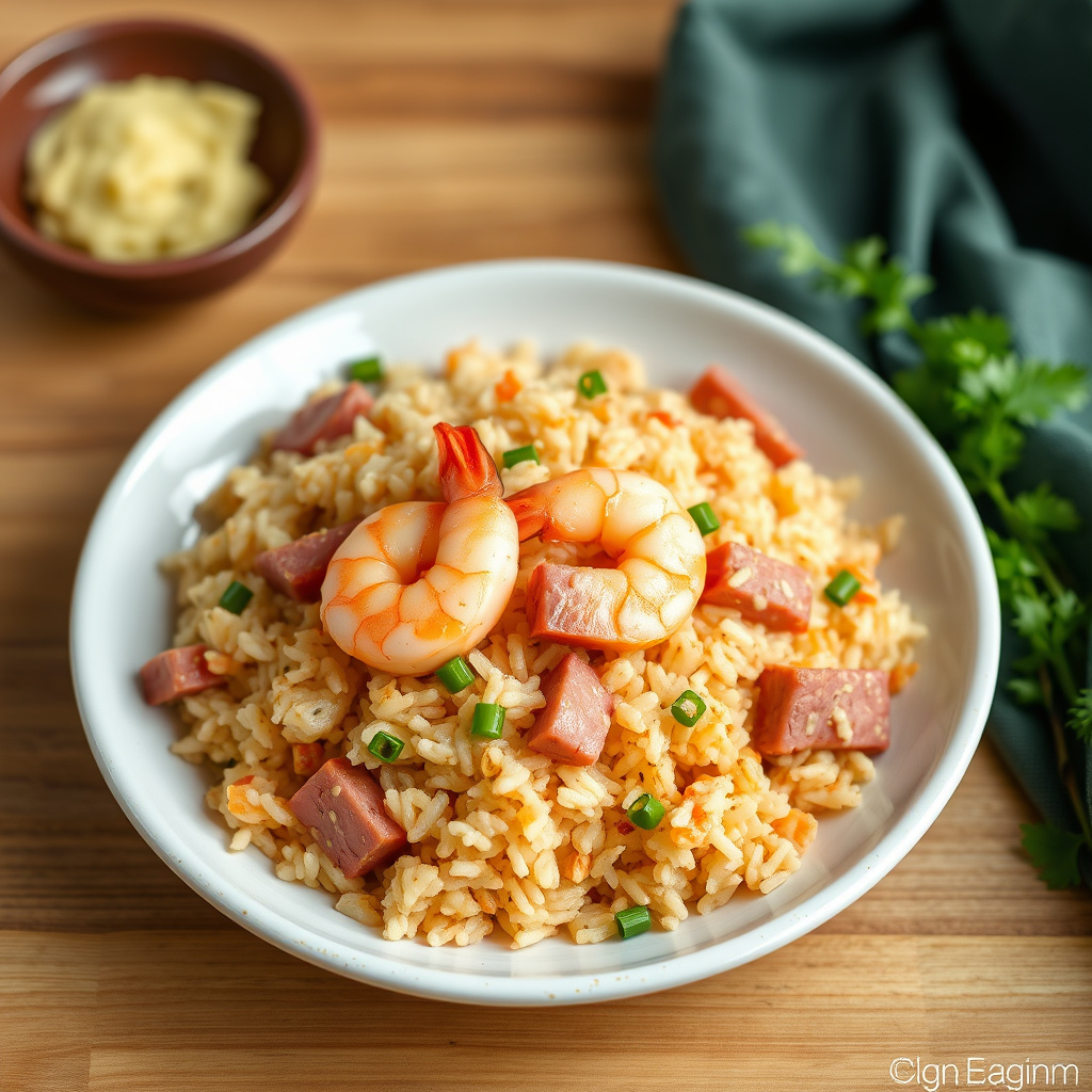 Stekt ris med reker og skinke