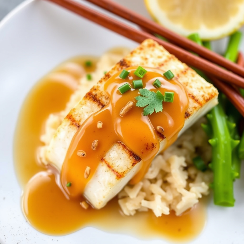 Stekt, ristet macadamianøtt- og mahi-mahi med sitrus og aka-miso-saus