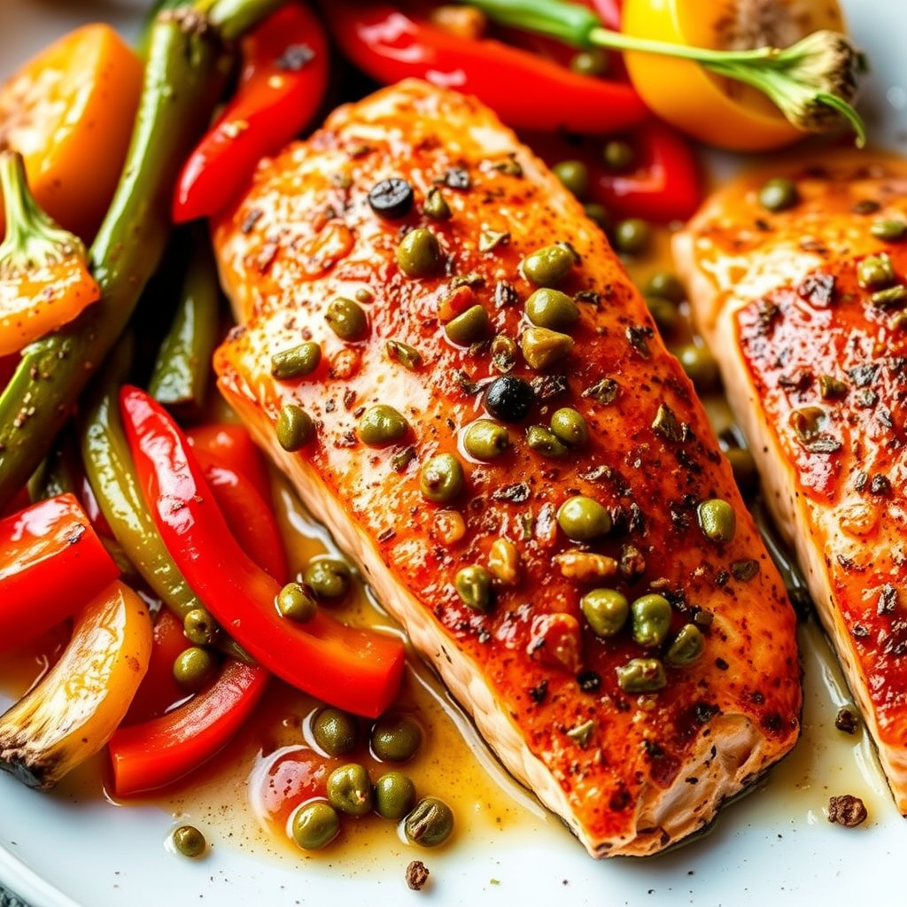 Stekt sockeye-laks med paprika og kapers