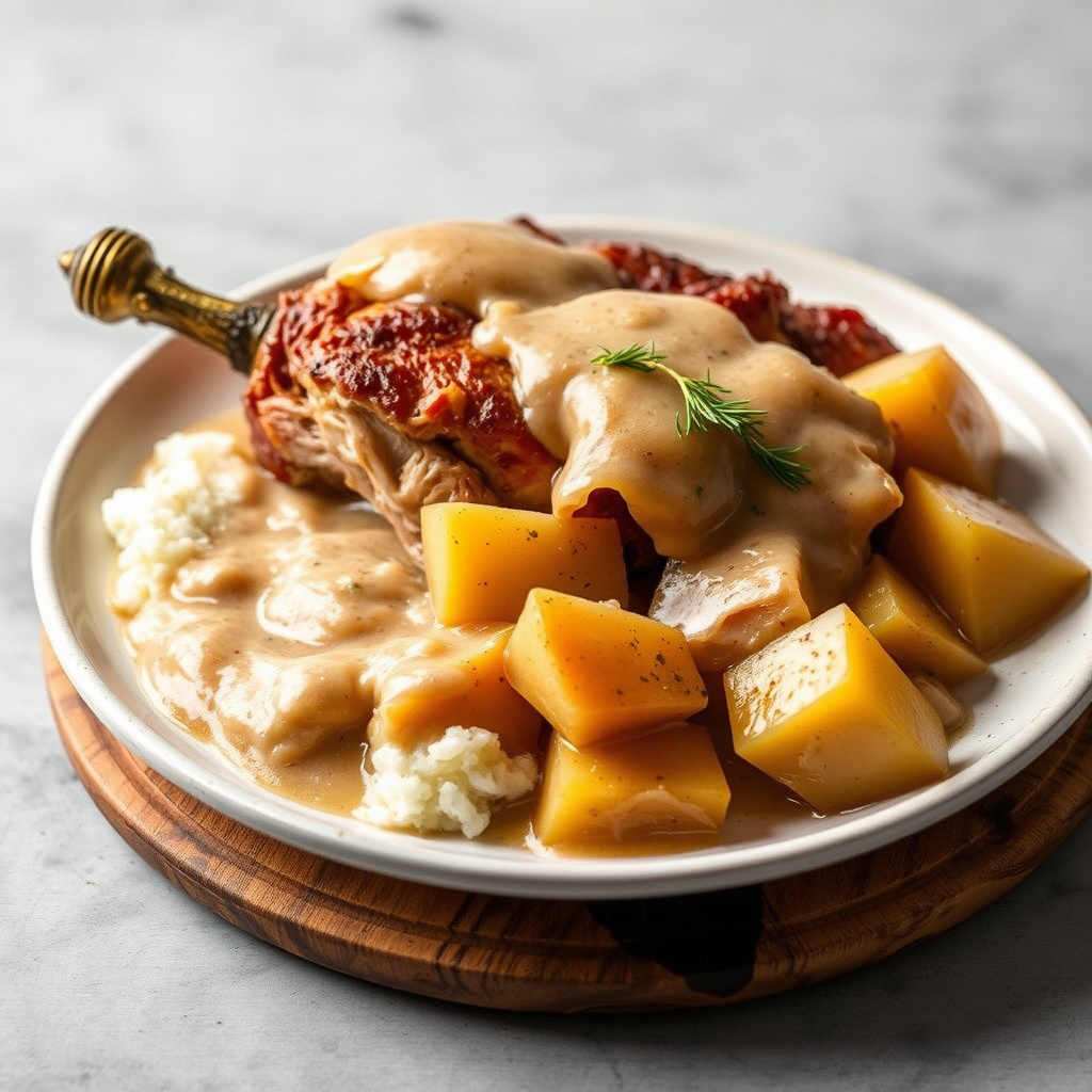 Stekt svinekjøtt og poteter med kremet eplesaus