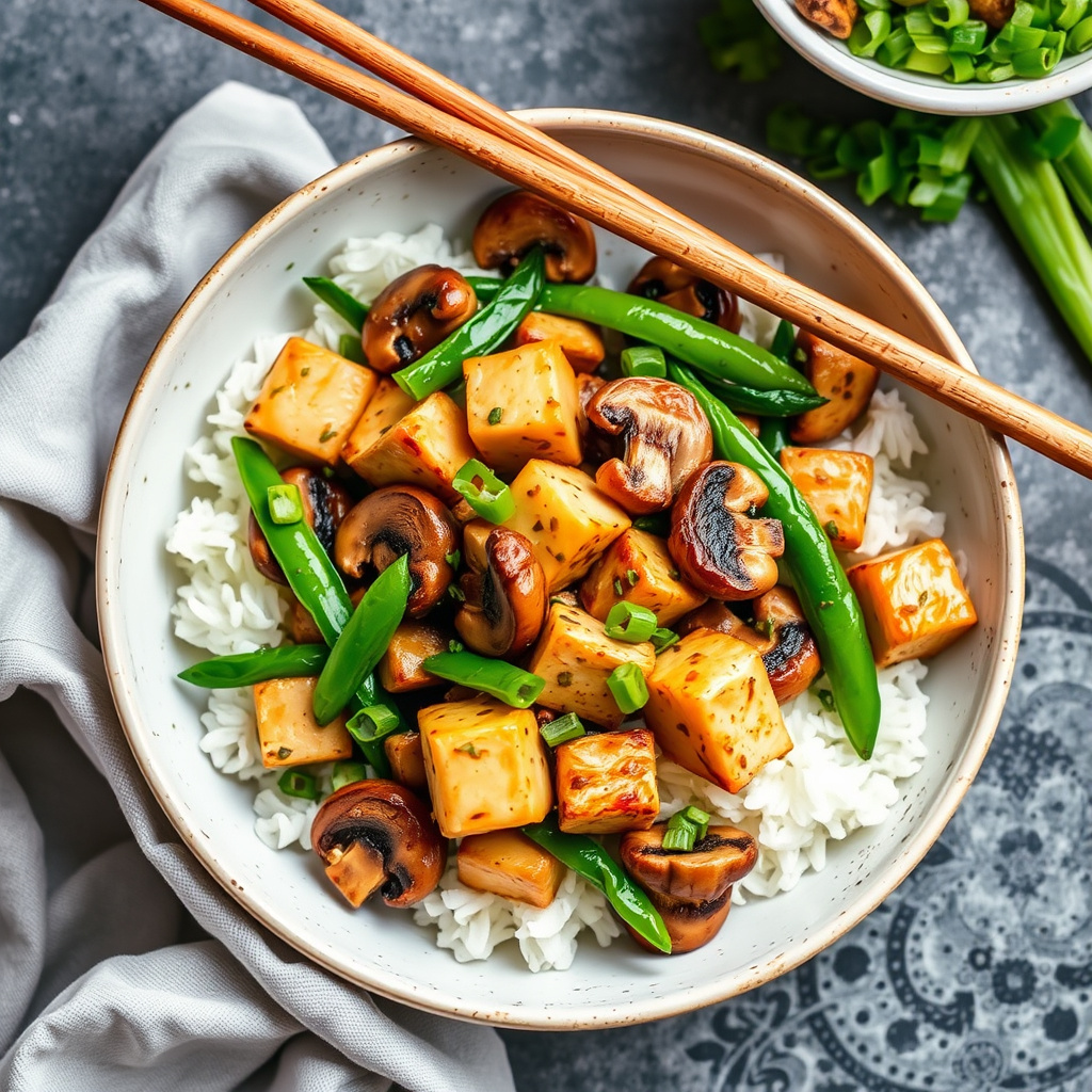 Stekt tofu med sopp, sukkererter og vårløk