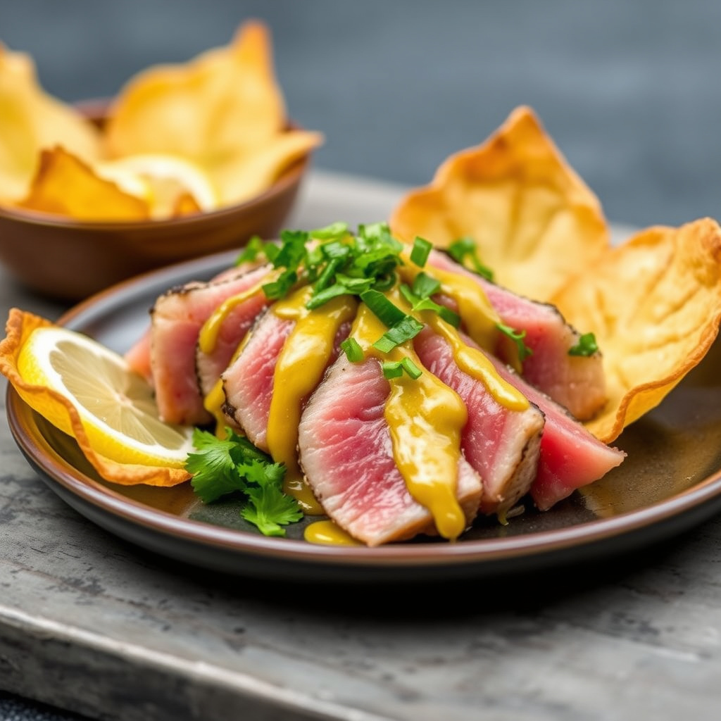 Stekt tunfisk med sitron-wasabi-dressing og hete sennepswonton-chips