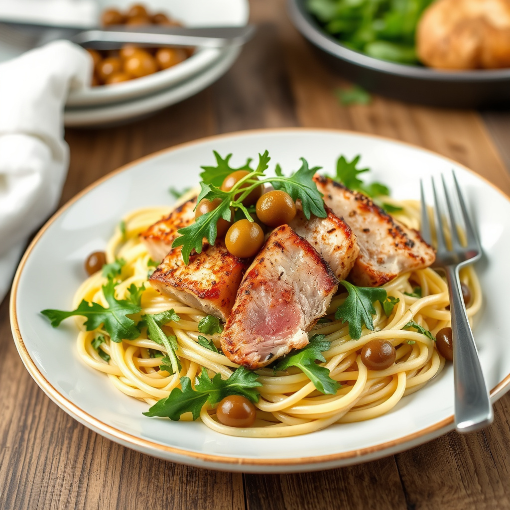 Stekt tunfisk på fettuccine med grønne oliven og ruccola