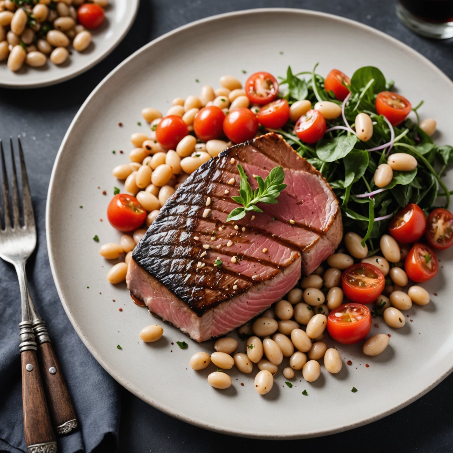 Stekt tunfiskbiff med hvit bønne- og tomatsalat