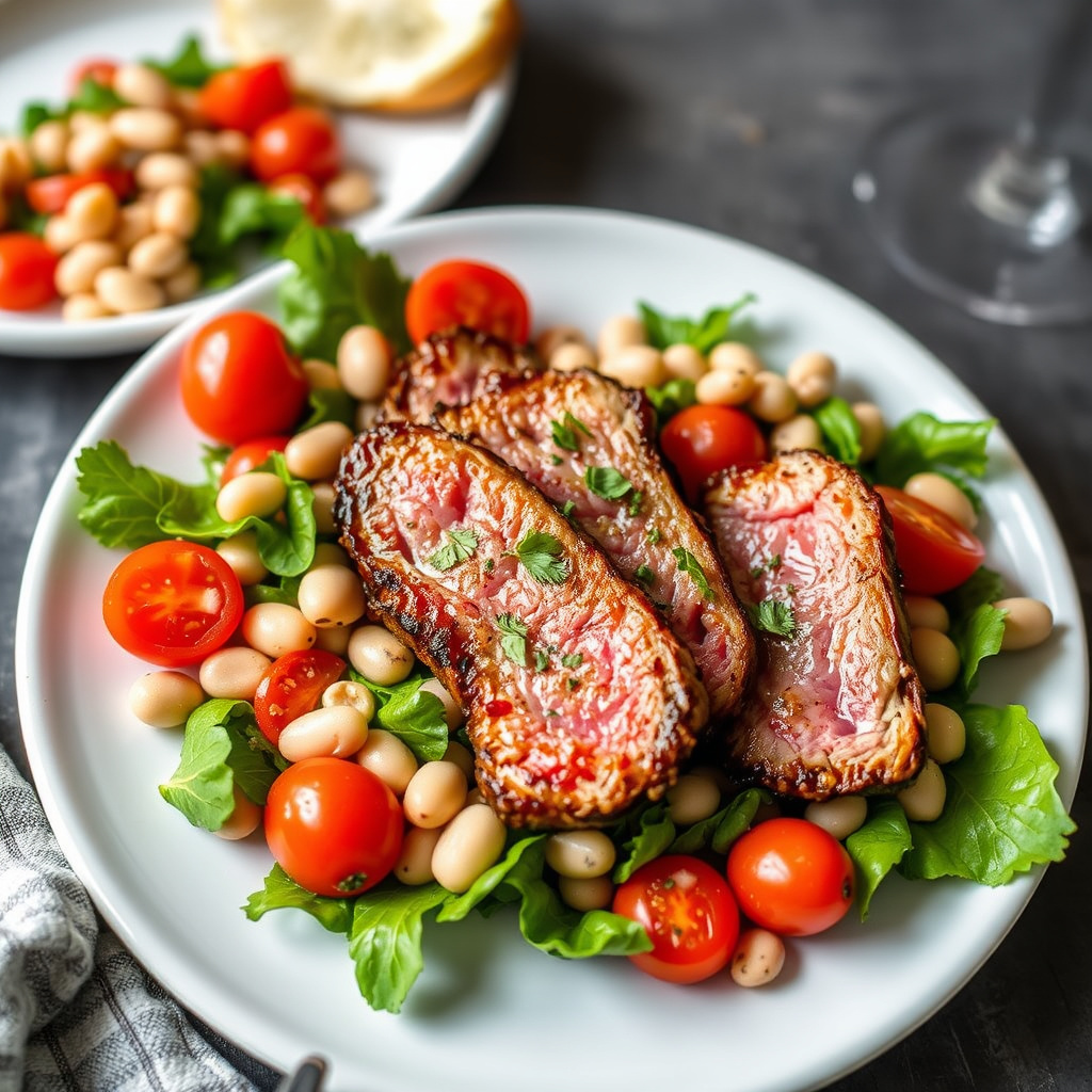Stekt tunfiskbiff med hvit bønne- og tomatsalat