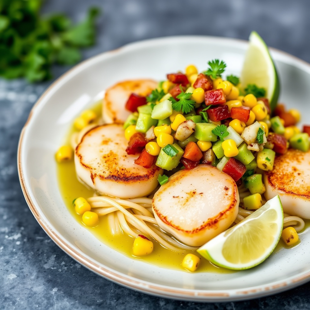 Stekte kamskjell med mais-, bacon- og avokadosalsa