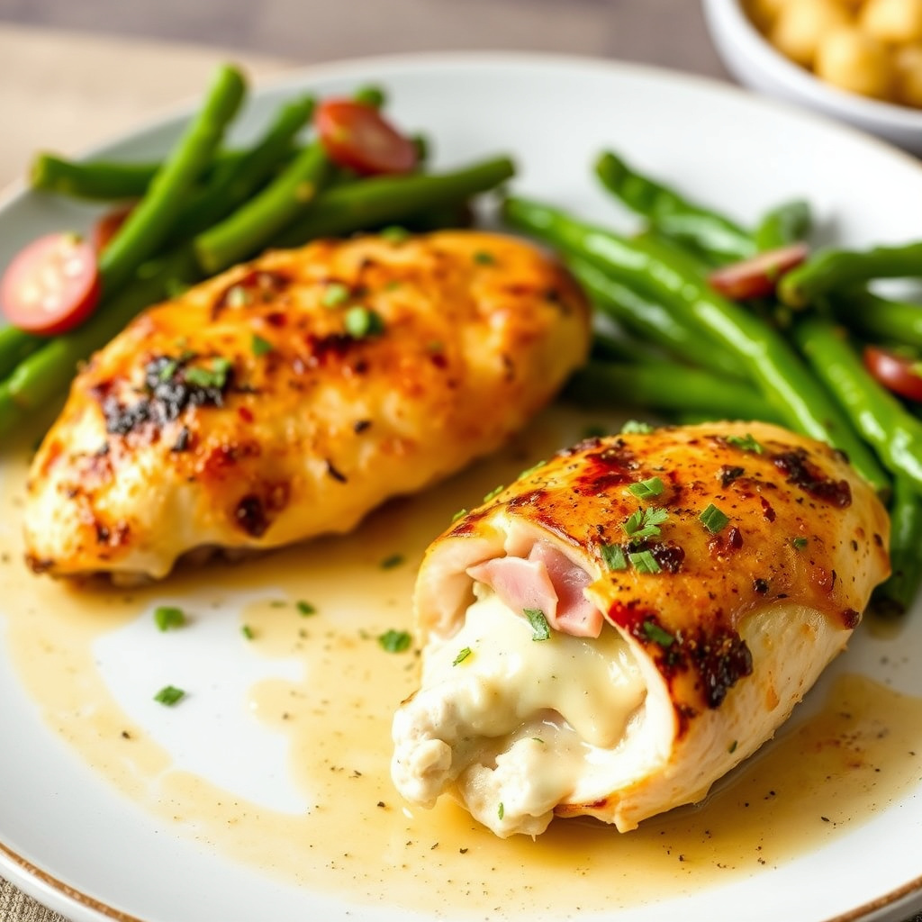 Stekte kyllingbryst fylt med ost og skinke