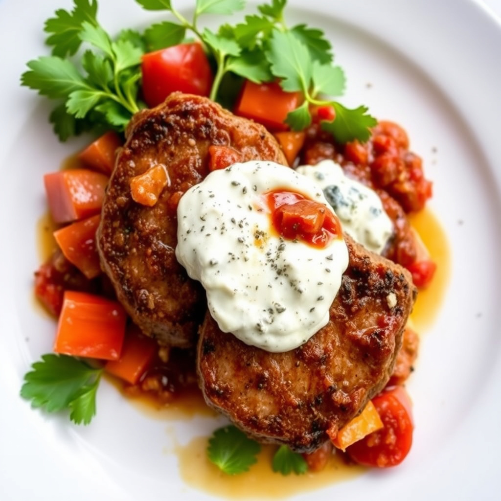Stekte medaillons, tomatchutney, blåmuggostsaus