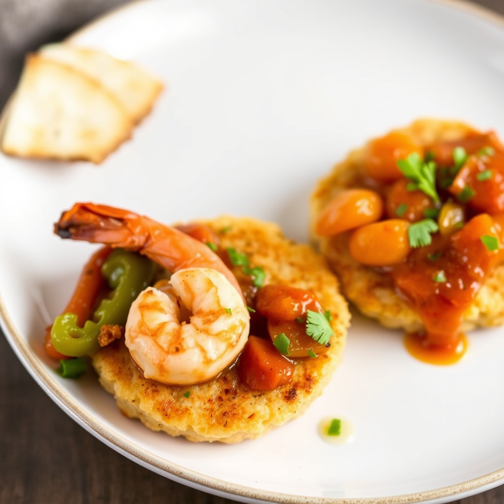 Stekte reker med paprika, krydret ferskenchutney og ostekaker av gryn