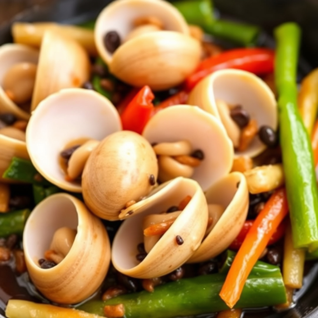 Stekte snegler og grønnsaker i svart bønnesaus