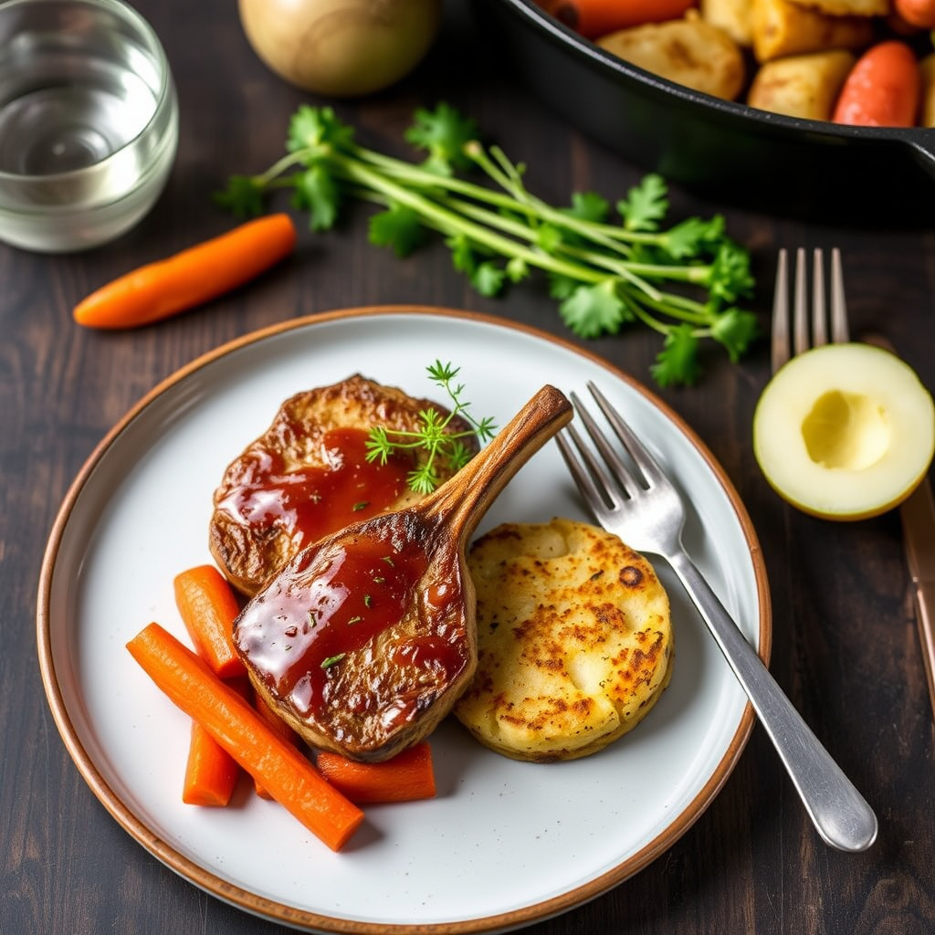 Stekte svinekoteletter med glaserte gulrøtter og potetpannekaker