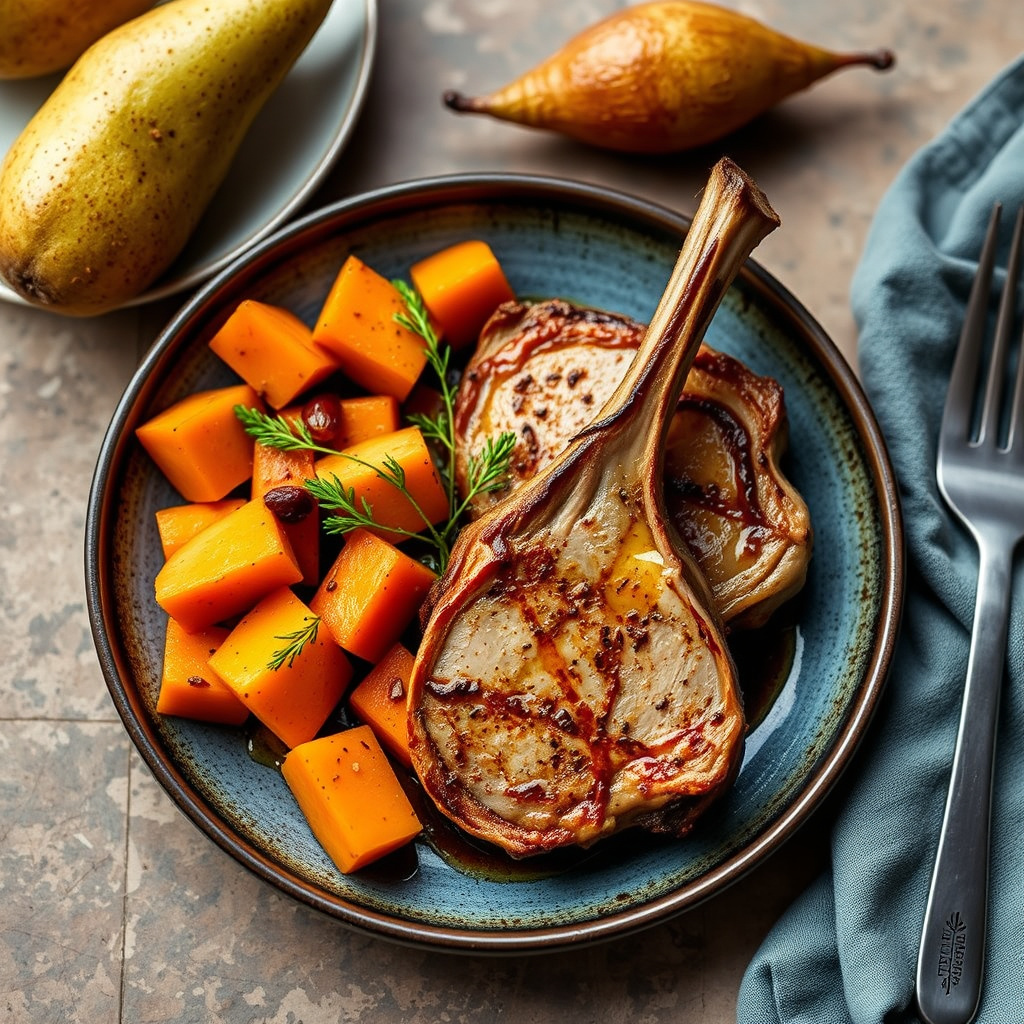 Stekte svinekoteletter med søtpoteter og pærer