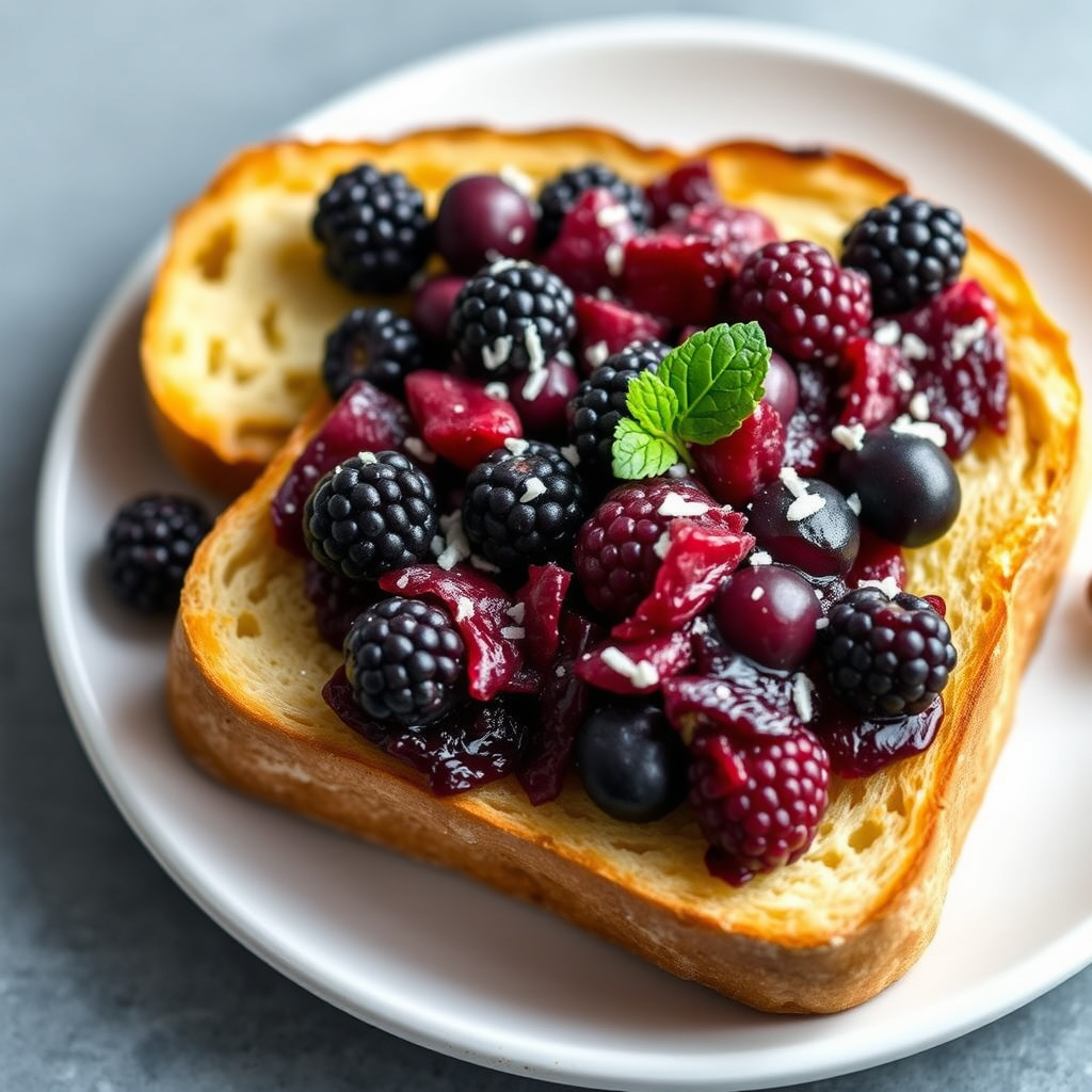 Stor brioche-toast med ovnsbakte og moste bær søtet med honning