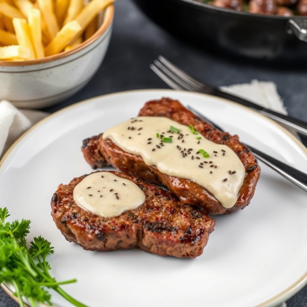 Stripbiff med pepperkremsaus