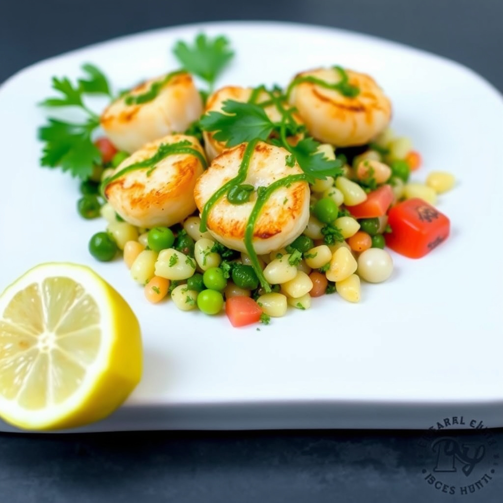 Succotash med grillede kamskjell og persille-dressing