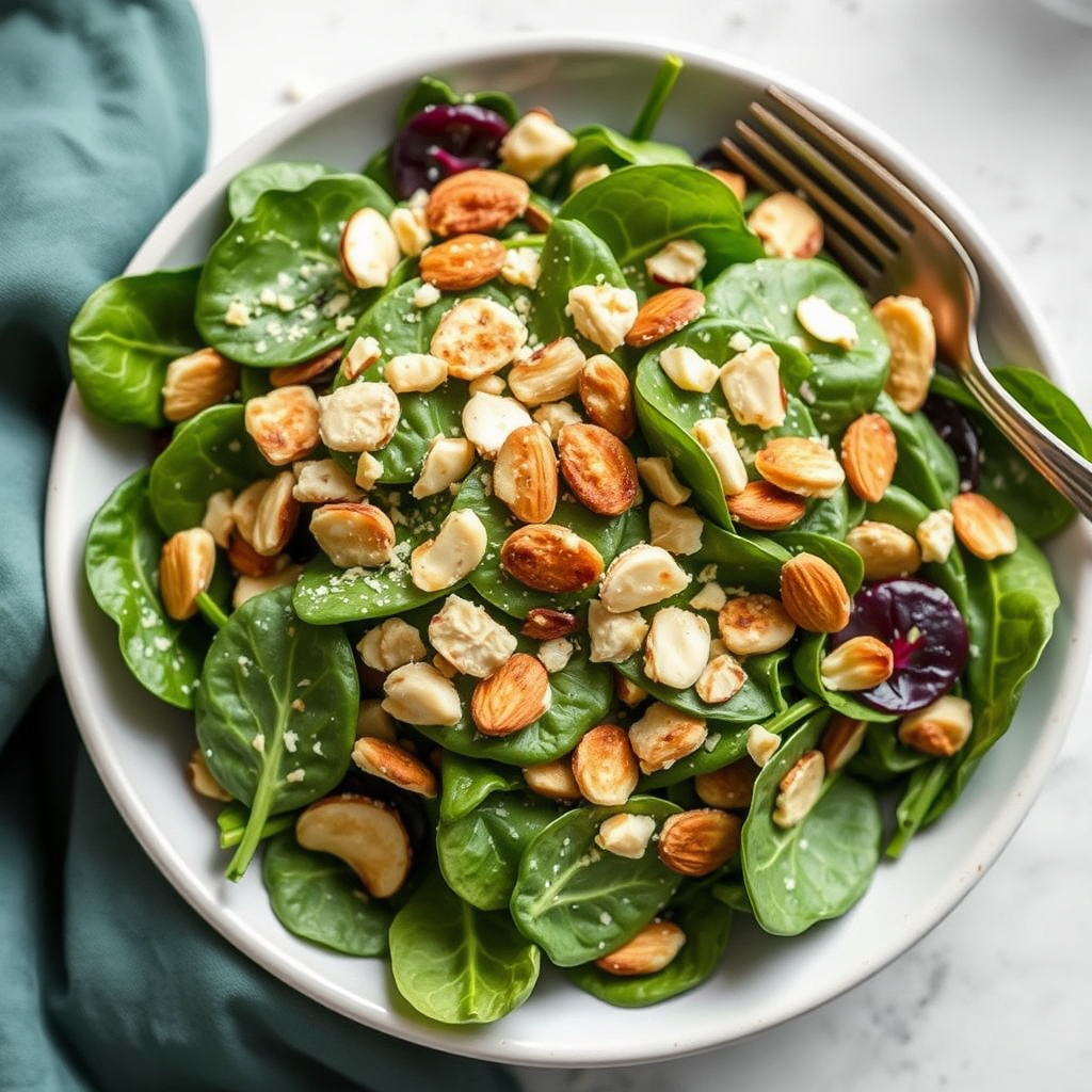 Sukkerristede mandel- og spinatsalat