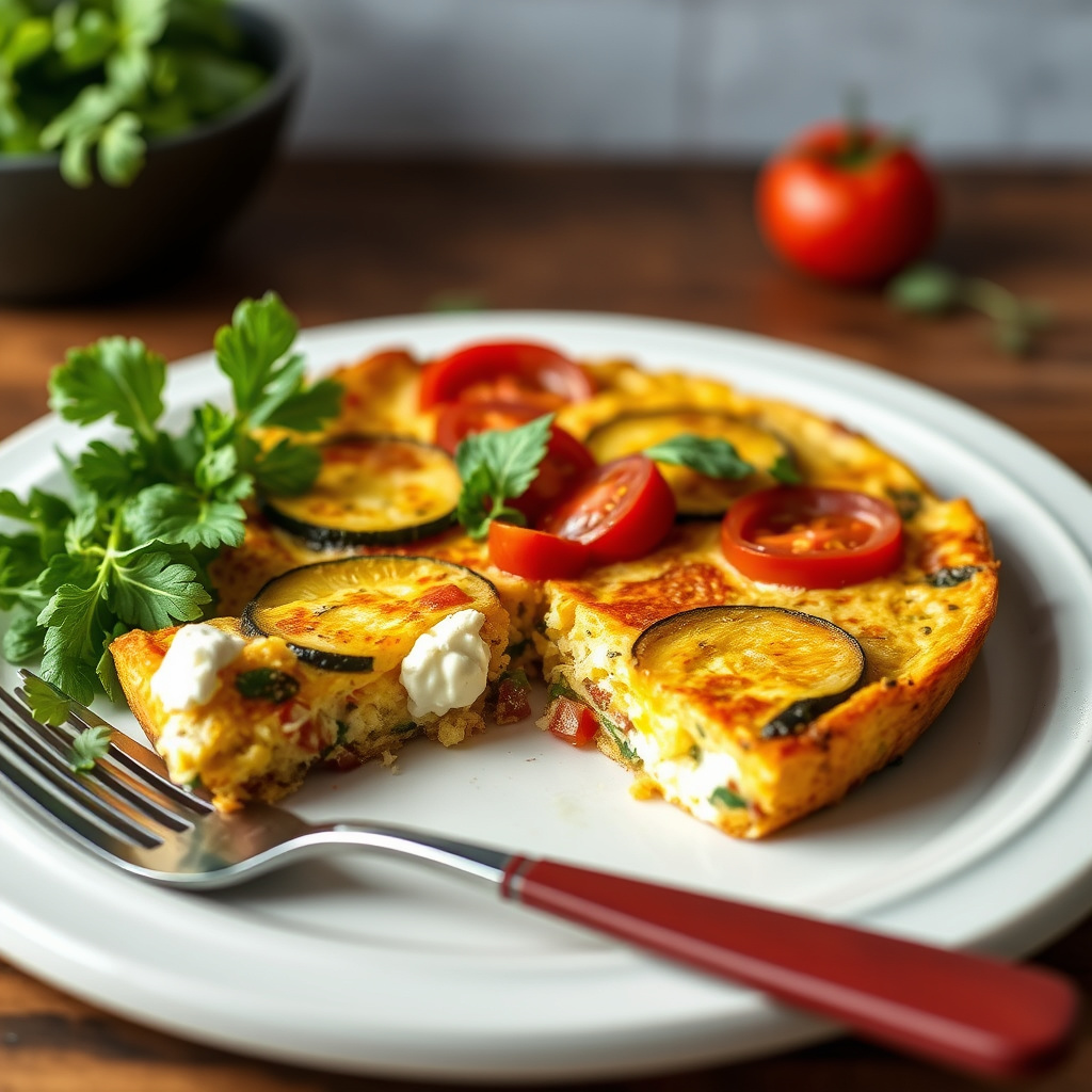 Sunburst Squash, zucchini og tomatfrittata med geitemelkrikotta