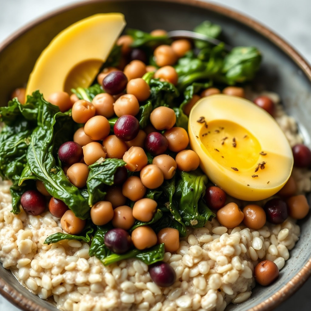 Sunne collardgrønnsaker og svarte øynebønner over havregryn