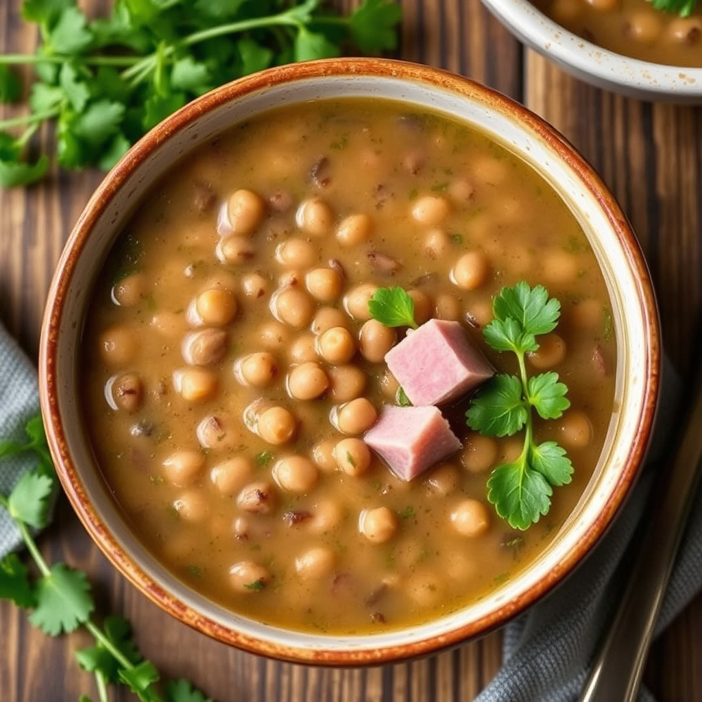 Suppe med svarte øyne-bønner, skinke og vannkresse