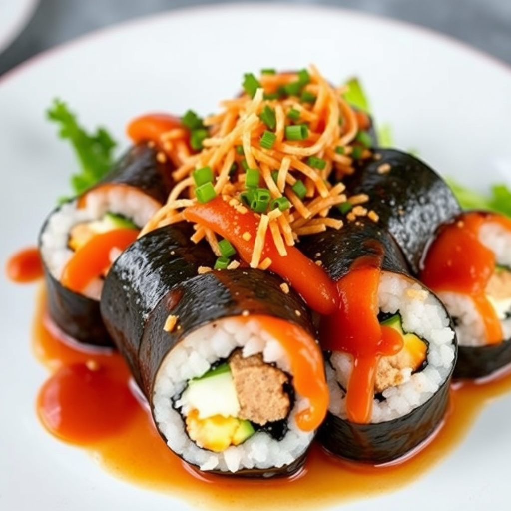 Sushi med flankestek, gorgonzola og asparges