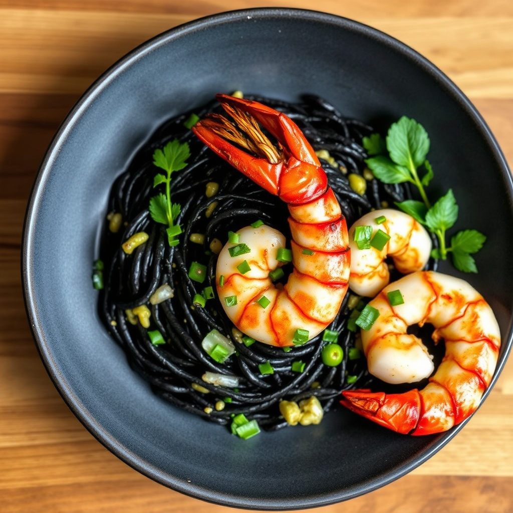 Svart blekksprutrisotto med grillede reker, hummer og vårløkvinaigrette