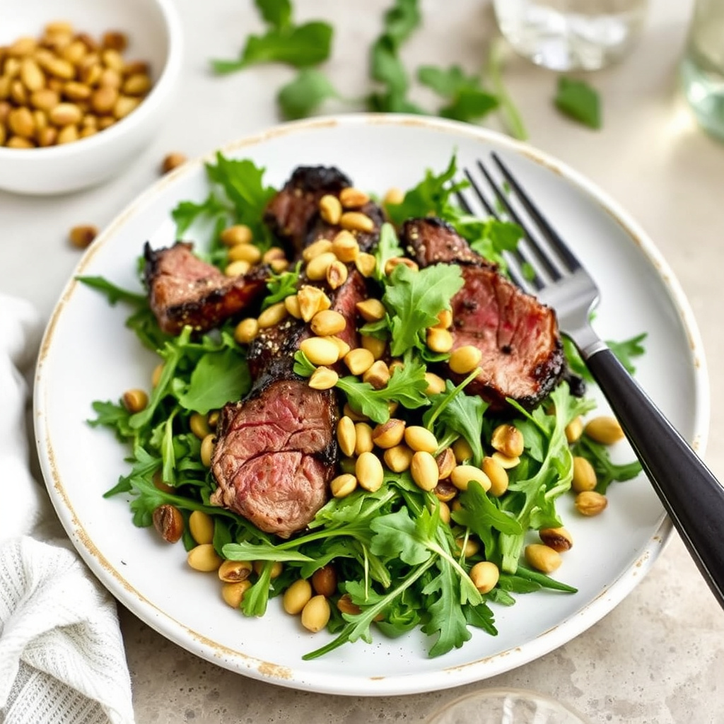 Svart og blått lam, pistasj- og ruccolasalat