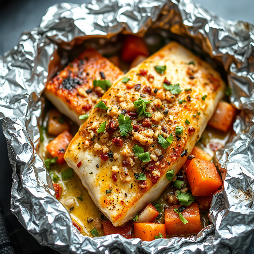 Sverdfisk bakt i folie med middelhavssmaker