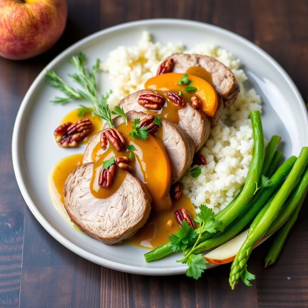 Svinefilet med fersken- og pekannøttsaus