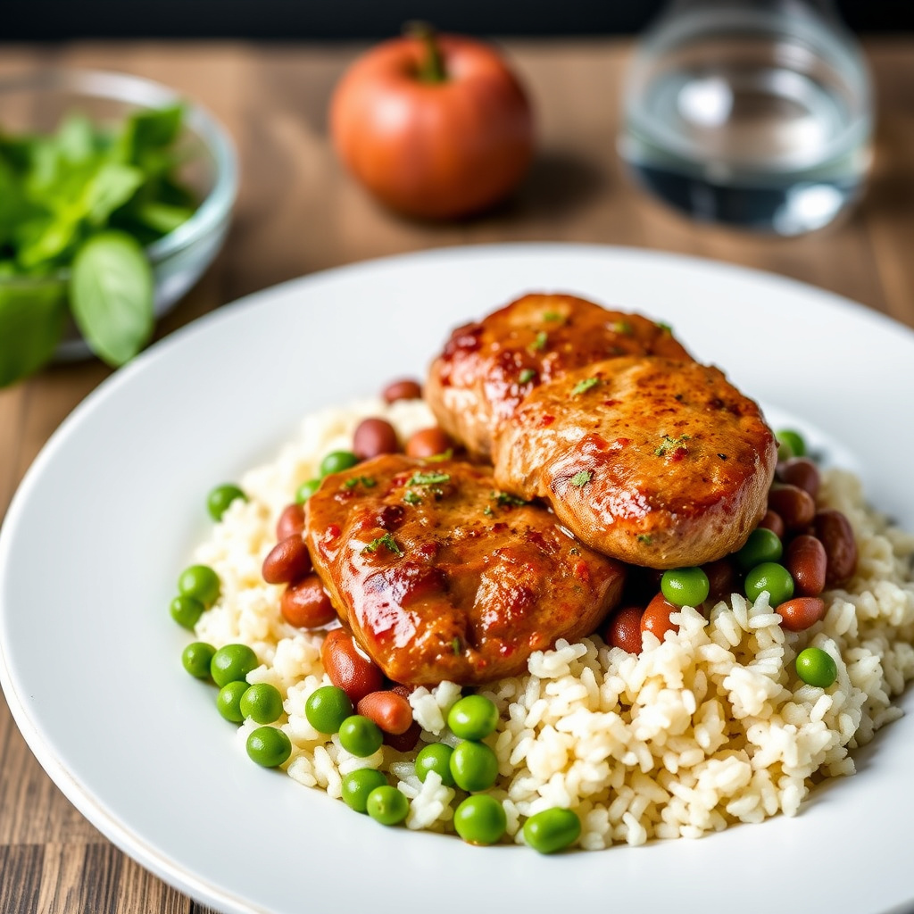 Svinefiletmedaljonger med bønner, ris og mosede erter
