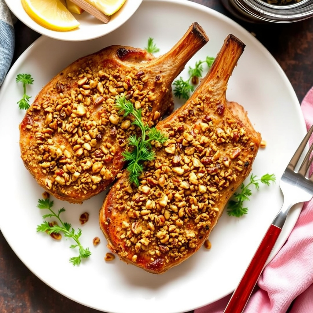 Svinekoteletter med sprøtt brasiliansk nøttelokk