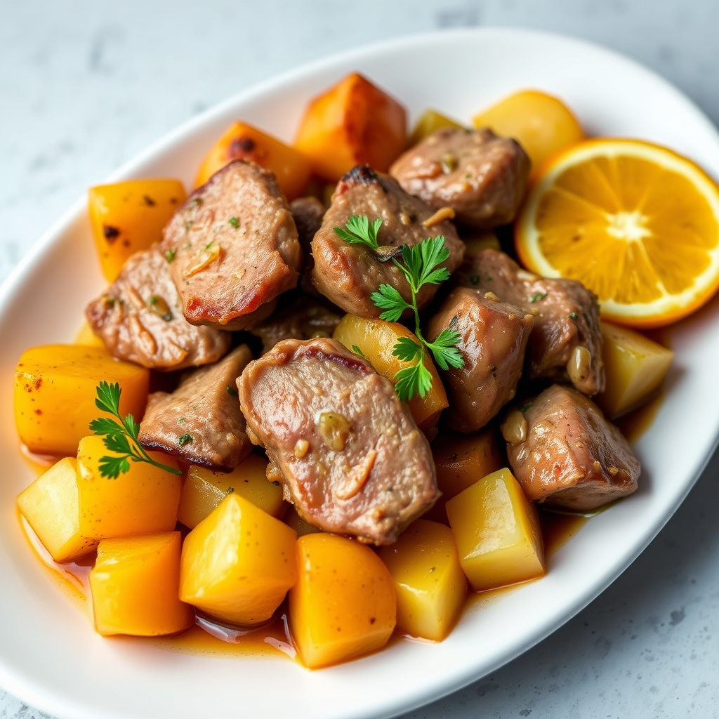 Svinekjøtt og poteter med appelsinjuice og cola