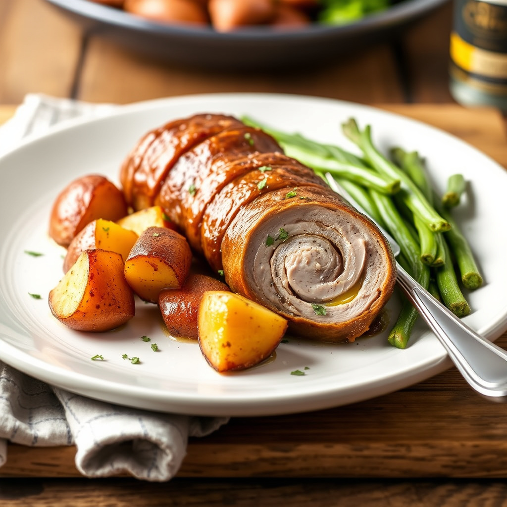 Svinekjøttroulade med ovnsbakte røde poteter