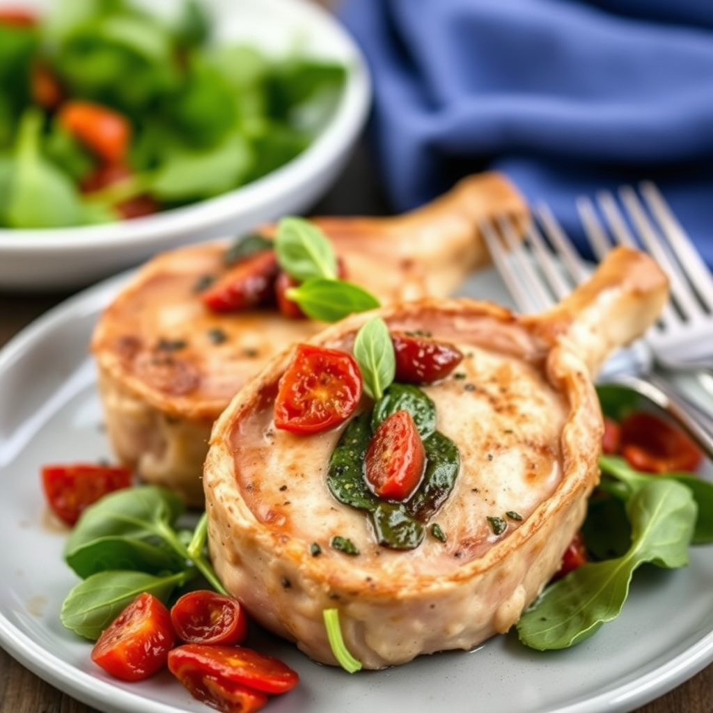 Svinekoteletter fylt med soltørkede tomater og spinat